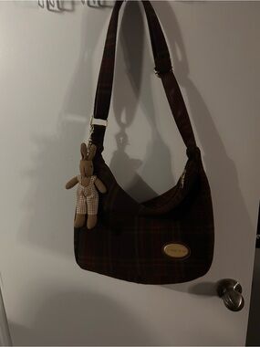 Plaid Shoulder Hobo Bag with Bunny Charm